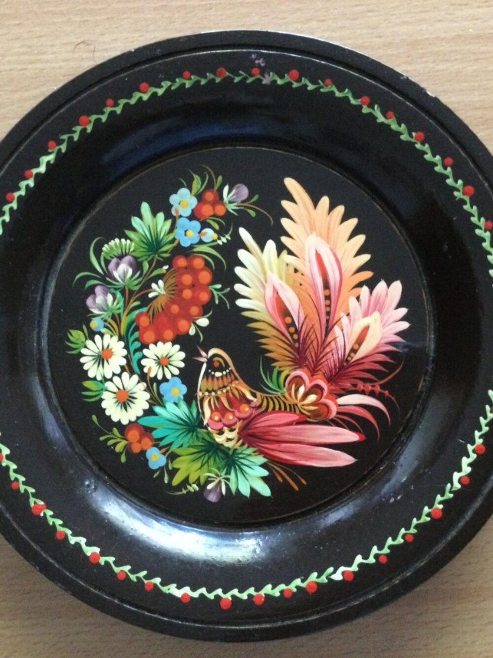Vintage Hand‑Painted Decorative Plate – wall decor-flower bird Signed wooden
